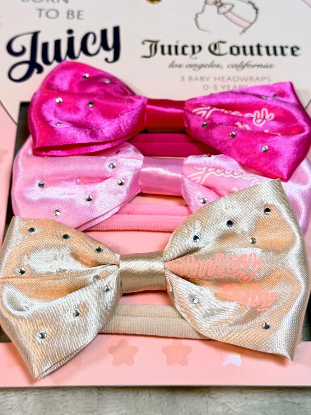 Juicy Couture Baby Headwraps 3 Pack Satin Bow Rhinestone 0-3 Months NWT - Picture 5 of 9
